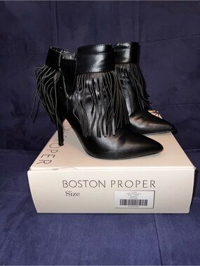 Boston Proper Black Fringe Pointed-Toe Ankle Stiletto Boots